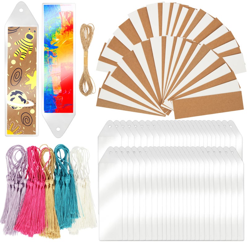 SWATOM Kraft Paper Blank Bookmarks Cardstock 50 PCS Bulk for DIY Classroom Projects Gifts Tags with Tassels PVC Tags (White & Brown) - Image 1