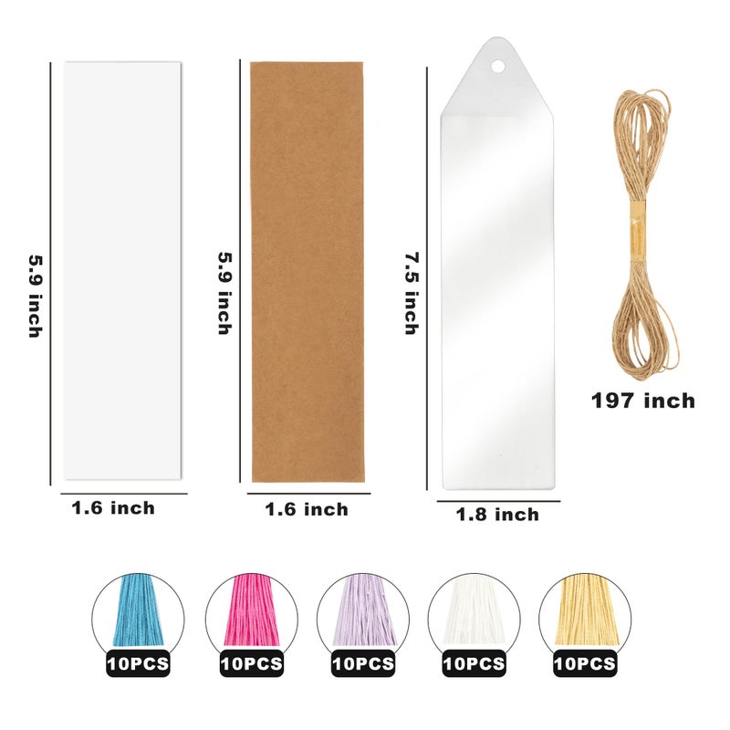 SWATOM Kraft Paper Blank Bookmarks Cardstock 50 PCS Bulk for DIY Classroom Projects Gifts Tags with Tassels PVC Tags (White & Brown) - Image 5