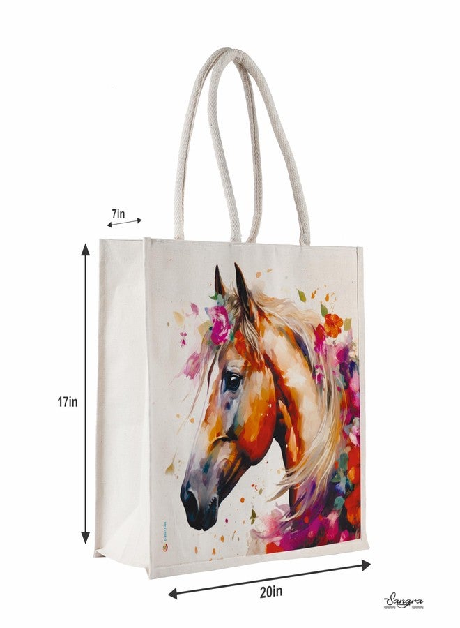 Sangra Unisex Large Cotton Canvas Reusable Bags for Travel, Grocery Shopping Bag, Multi-Purpose Bag, Sturdy Handle With Zipper Lock (20 inch X17 inch X7 Inch) (Horse) - Image 3