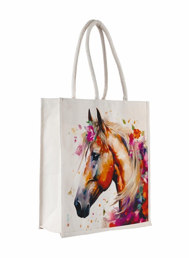 Sangra Unisex Large Cotton Canvas Reusable Bags for Travel, Grocery Shopping Bag, Multi-Purpose Bag, Sturdy Handle With Zipper Lock (20 inch X17 inch X7 Inch) (Horse) - Image 1