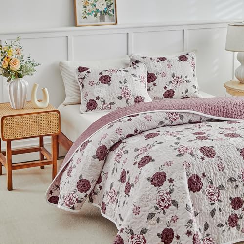 Shxime Floral Quilt Set 3 Pieces Queen Size Pink with Purple Rose Botanical Spring Flower Quilt Bedding Set, Microfiber Lightweight Bedspread, Coverlet Set for All Seasons - Image 5