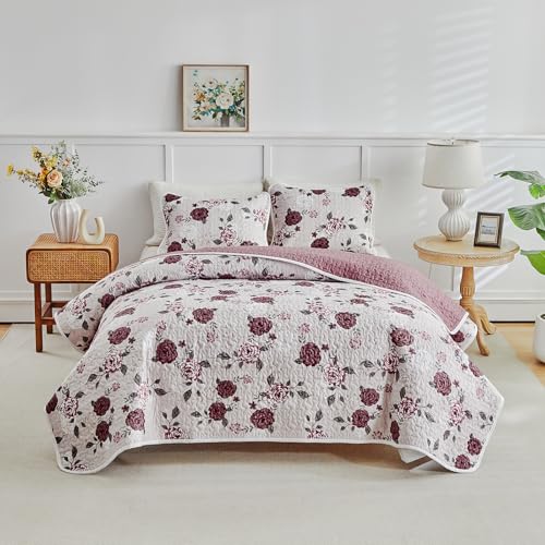 Shxime Floral Quilt Set 3 Pieces Queen Size Pink with Purple Rose Botanical Spring Flower Quilt Bedding Set, Microfiber Lightweight Bedspread, Coverlet Set for All Seasons - Image 2