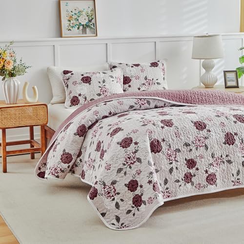 Shxime Floral Quilt Set 3 Pieces Queen Size Pink with Purple Rose Botanical Spring Flower Quilt Bedding Set, Microfiber Lightweight Bedspread, Coverlet Set for All Seasons - Image 4