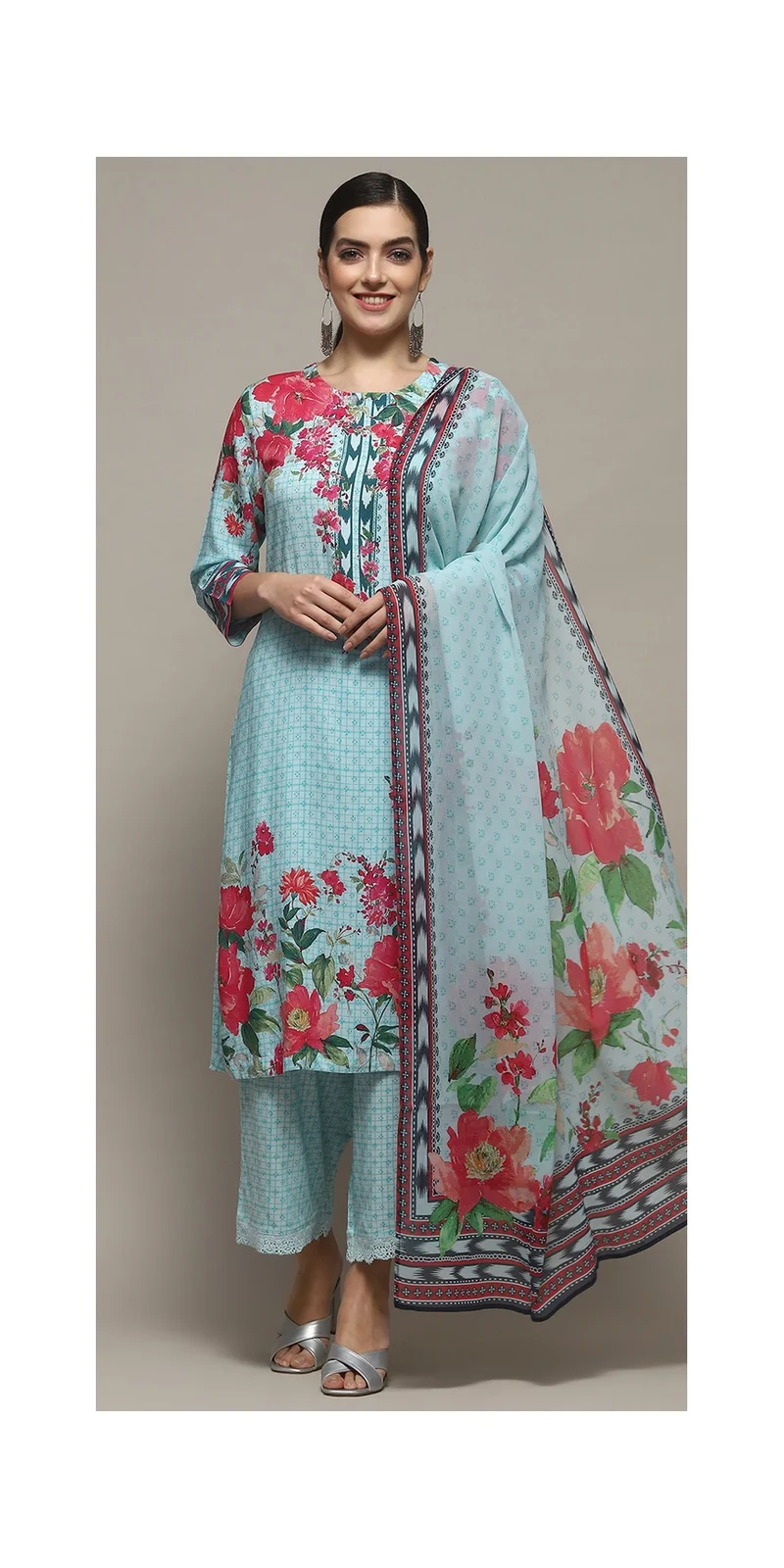 Biba Turquoise Rayon Straight Suit Set