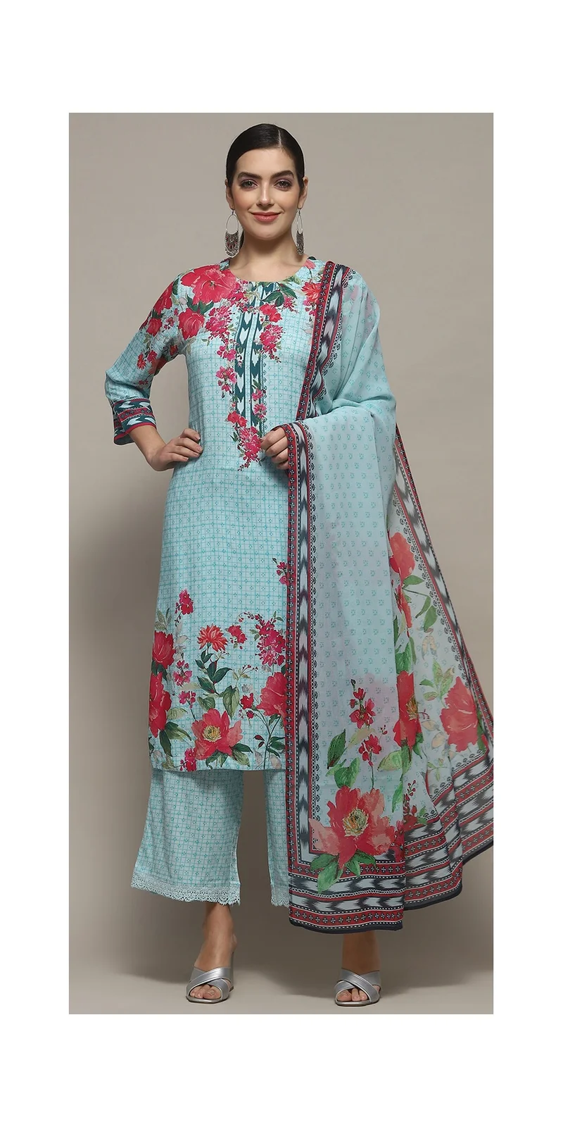 Biba Turquoise Rayon Straight Suit Set