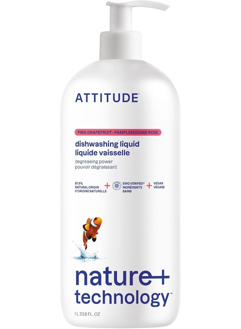 ATTITUDE Dish Soap, EWG Verified, Plant-Based & Vegan Dishwashing Liquid, Naturally Derived, Pink Grapefruit Scent, 33.8 Fl Oz