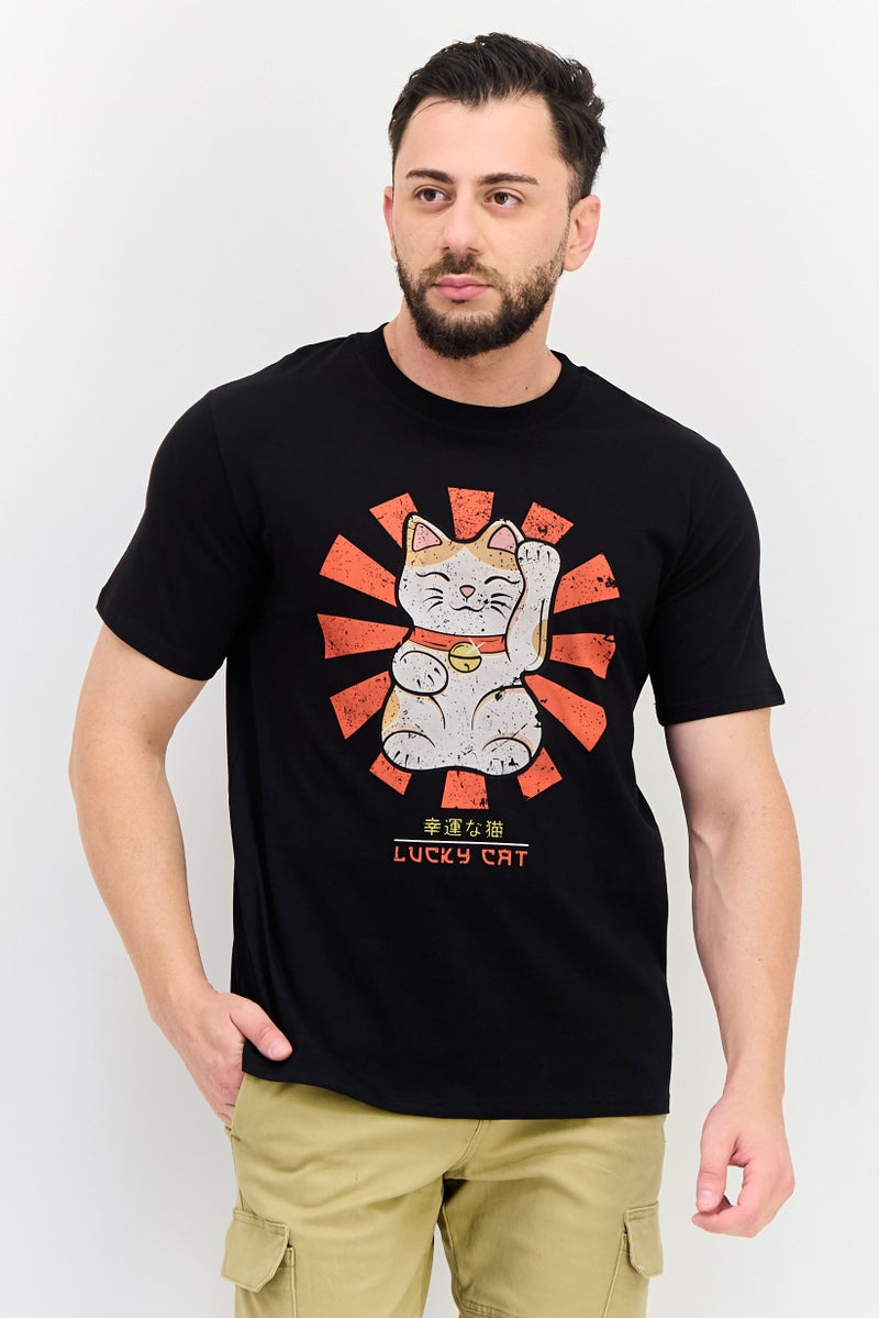 YOTO تي شيرت رجالي بأكمام قصيرة وياقة دائرية، مطبوع برسومات، أسود - Image 1