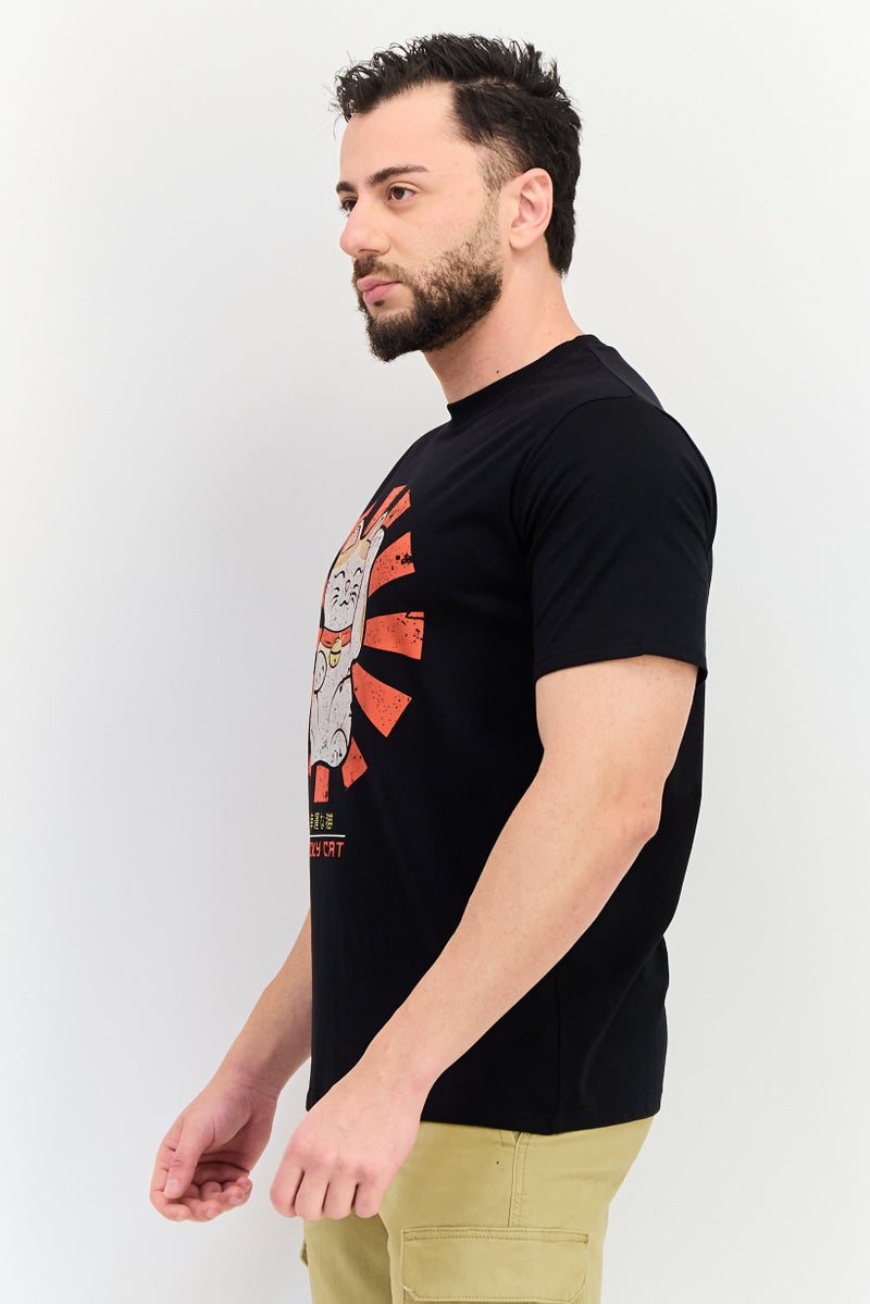 YOTO تي شيرت رجالي بأكمام قصيرة وياقة دائرية، مطبوع برسومات، أسود - Image 2