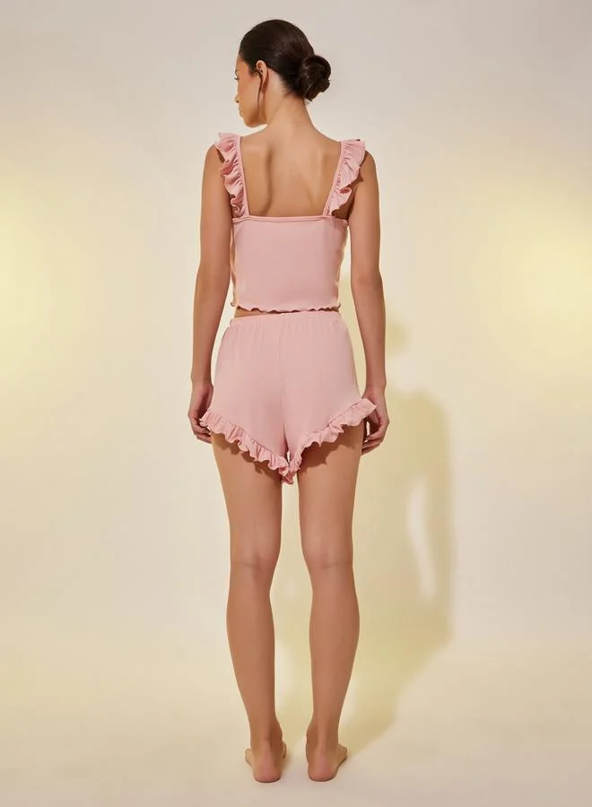 Take Two Ribbed Ruffle Trim Cropped Cami Top and Shorts Set