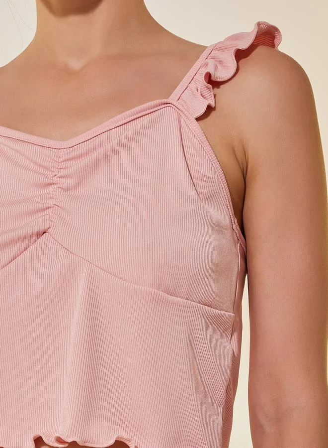 Take Two Ribbed Ruffle Trim Cropped Cami Top and Shorts Set