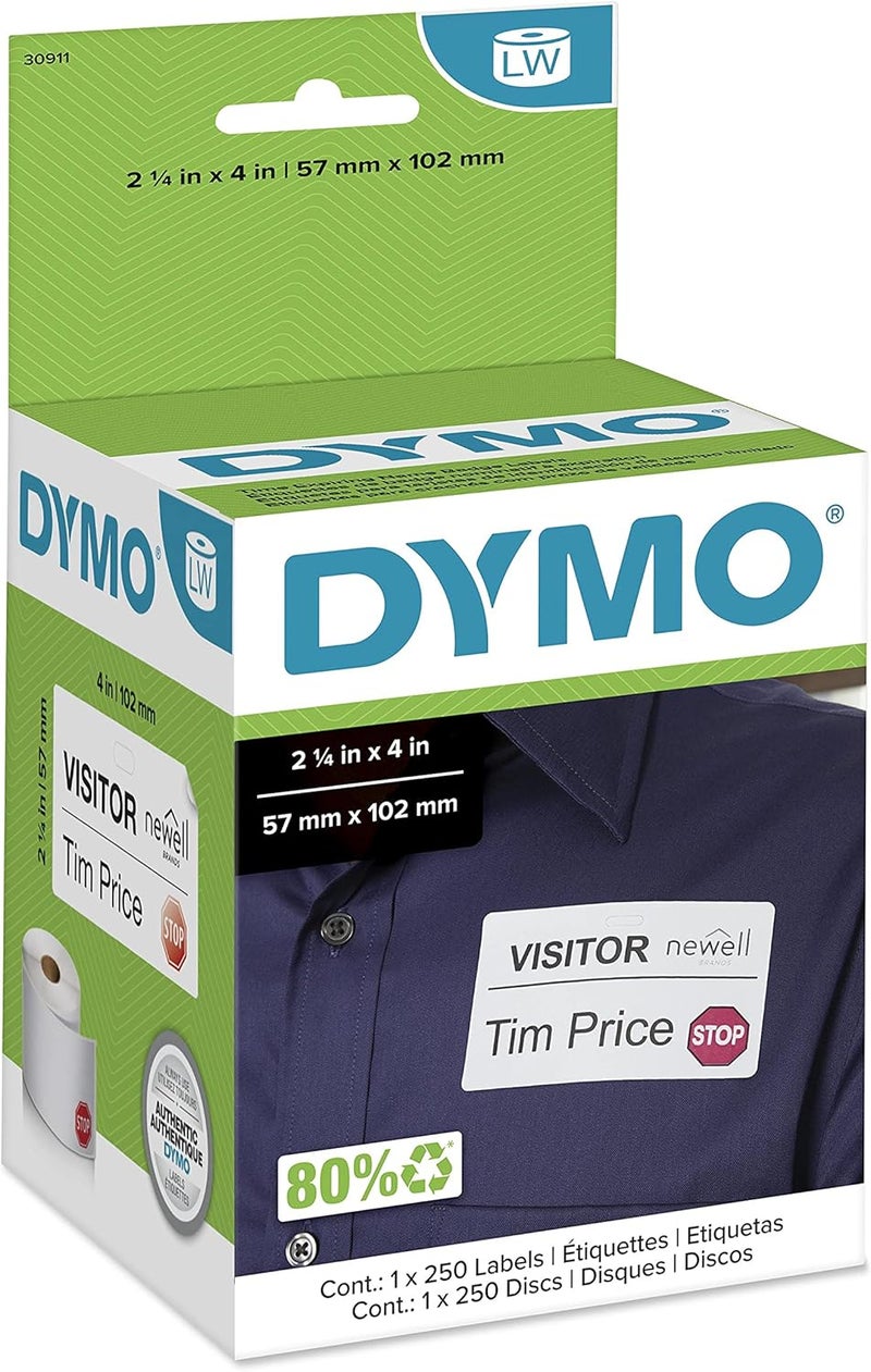 DYMO Authentic LW Name Badge Labels with 12-Hour Expiration Notification Disks, White, 2-1/4" x 4", 250 Labels - Image 1