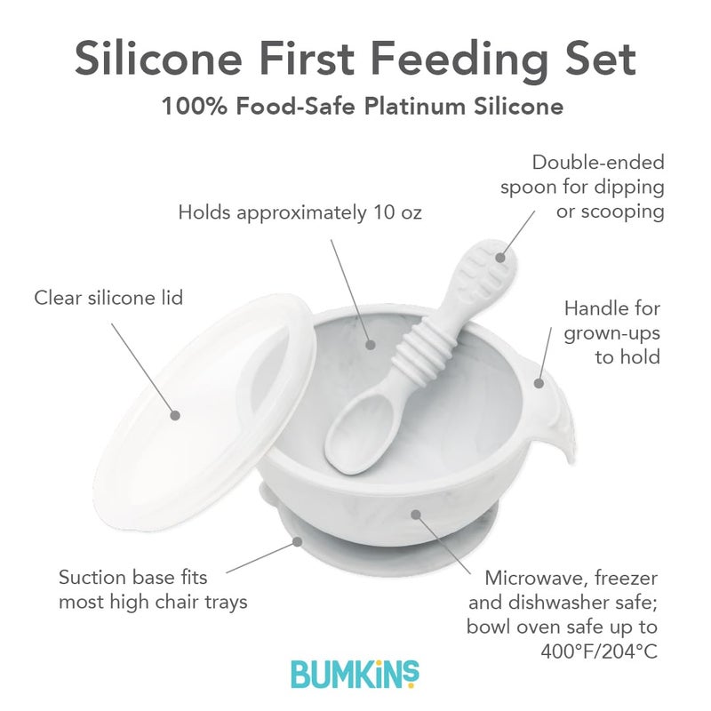 Bumkins Baby Bowl, Silicone Baby Feeding Set with Suction for Baby and Toddler, Includes Spoon and Lid, First Feeding Set, Essential for Baby Led Weaning for Babies 4 Months, Marble - Image 5