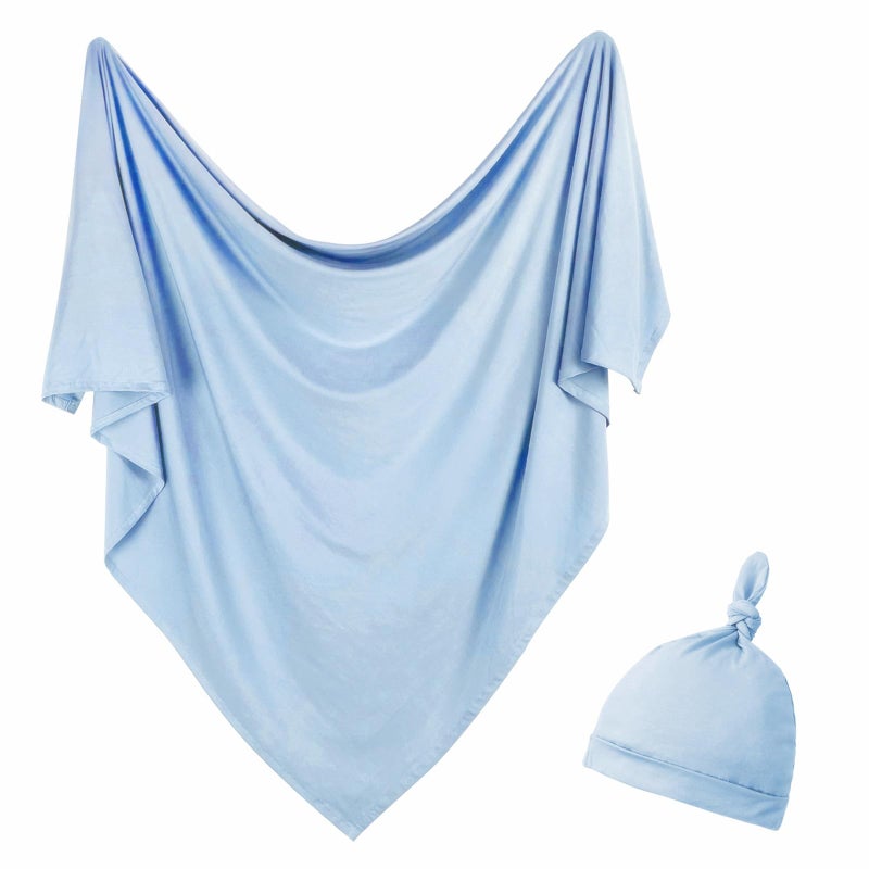 Aijoviko Newborn Swaddle Blanket with Hat Set Baby Swaddle Set Hospital Receiving Blankets for Girls Boys(Babyblue) - Image 1