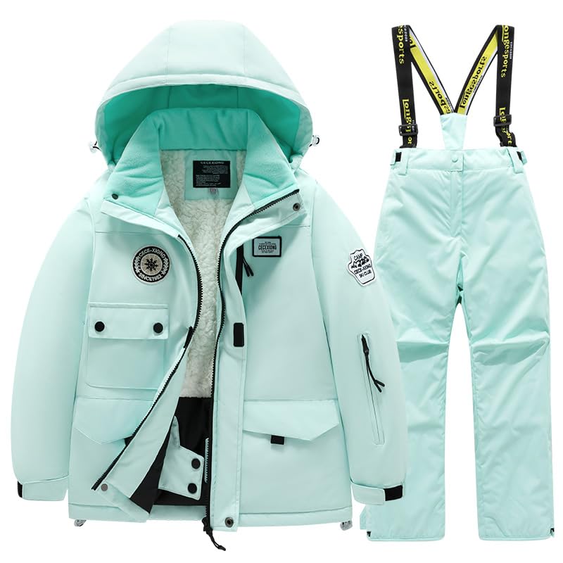 HOTIAN Boys Winter Kids 2 Piece Ski Suit Thicken Warm Hooded Jacket and Ski Pants Snowsuit Snowboarding Clothes,mintmint,8 - Image 1