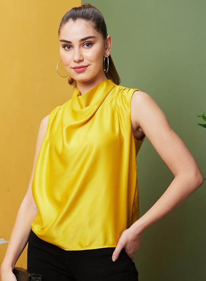 globus Globus Women Yellow Solid Cowl Neck Satin Top - Image 1