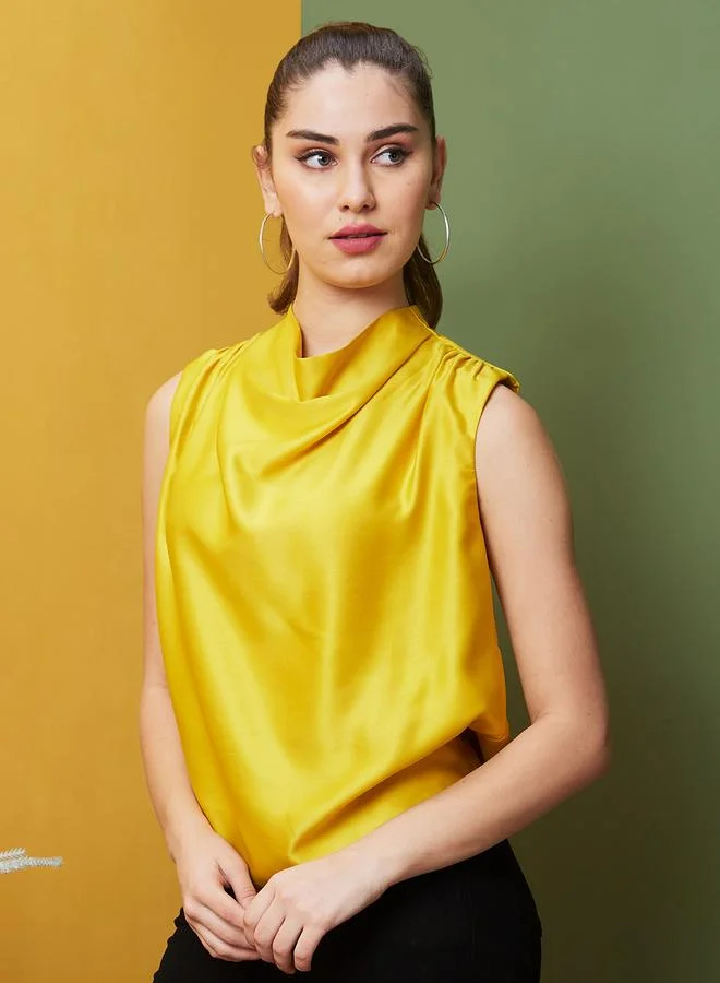 globus Women Yellow Solid Cowl Neck Satin Top