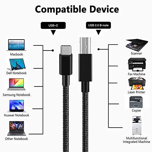 rts Hight Speed USB Type C Printer Cable(2M)Nylon Braided 480Mbps Data Transfer Compatible With Printers Scanners Fax Machine Macbook Pro/Air Epson HP Canon Yamaha Digital Piano,MIDI Keyboard,DJ,Black - Image 4