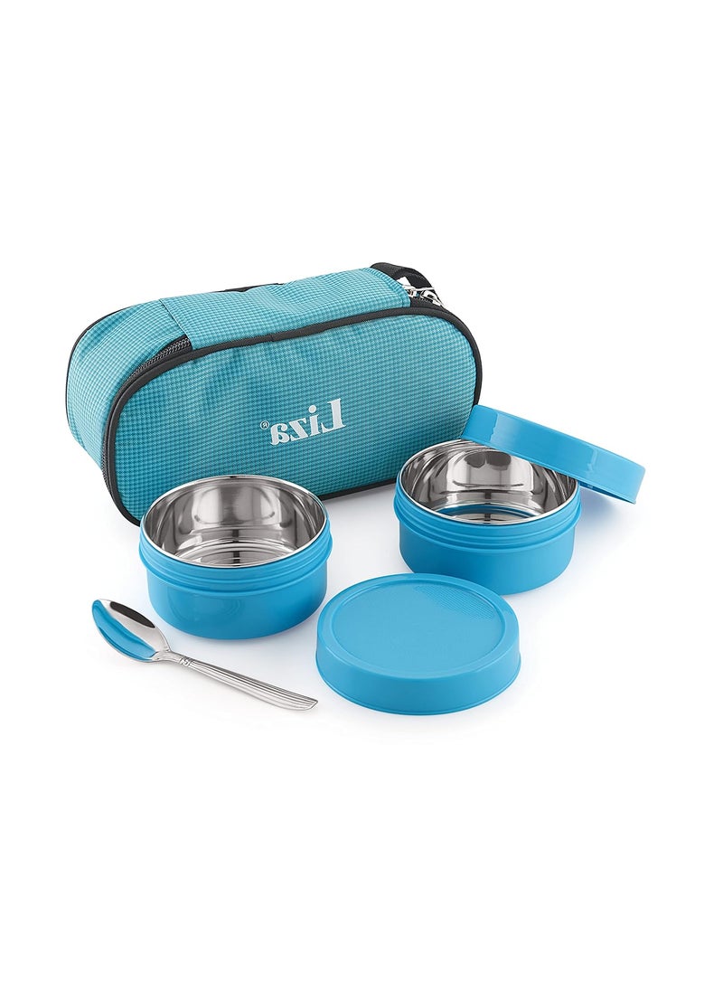 Nabhya - Nabhya Fresh Steel & Plastic Lunch Box 2 Leak-Proof Containers 300ml Each, with Jacket 2 Containers Lunch Box (Blue) - Image 1