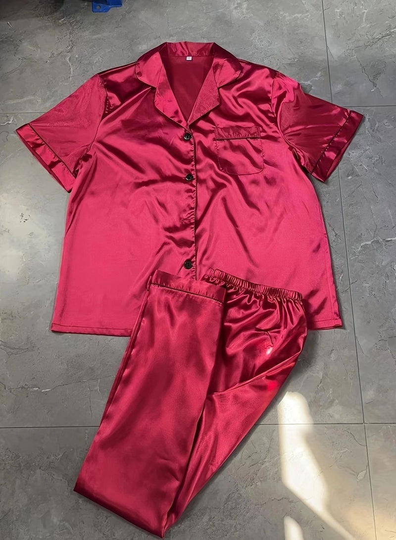 Loquat Women's Large Size 2-Piece Set Nightgown Sleepwear Short Sleeve Lapel Top And Pants Soft Loungewear Pajamas Suit Red 