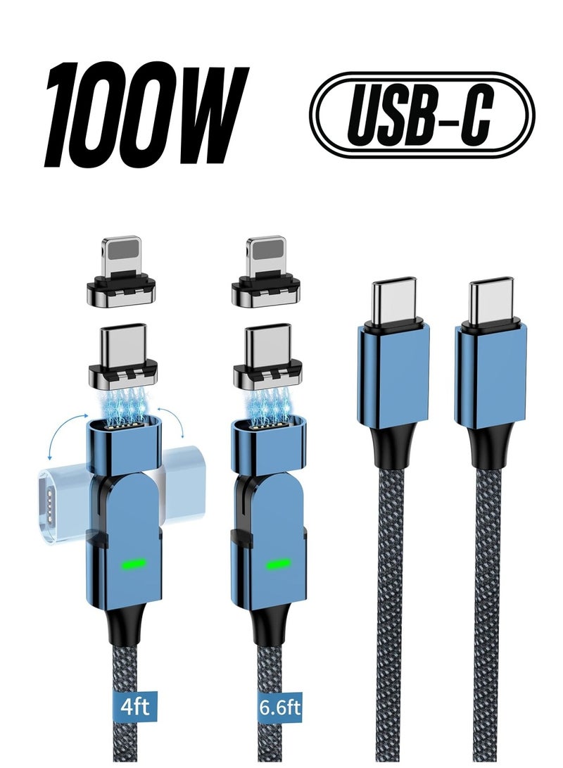 100W 180° Magnetic Charging Cable, 2-in-1 USB C to USB C/Lightning Charger (2 Pack, 4ft & 6.6ft), 480Mbps Data Transfer for iPhone 15, iPad, MacBook Pro, Galaxy S22 (Blue) - Image 1