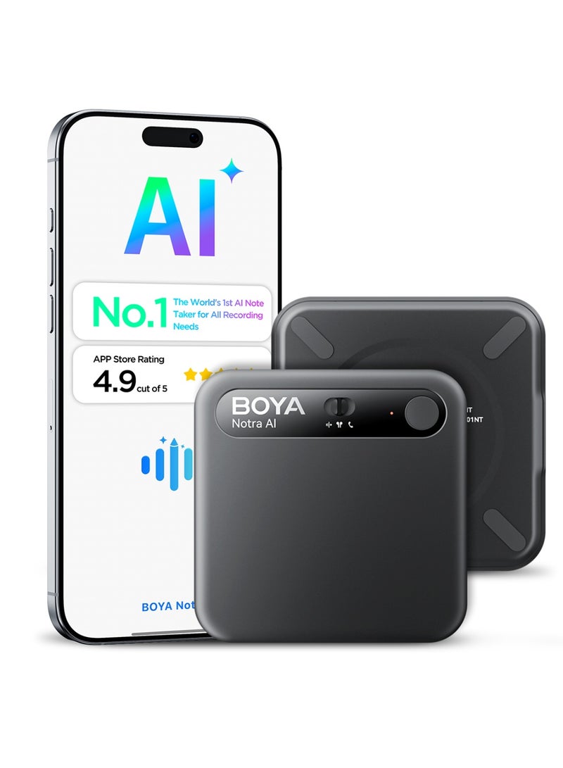 بويا BOYA Notra Black AI Voice Recorder، ملخص ذكي، تخزين 64 جيجا بايت، مزامنة سحابة آمنة، 140+ لغة، جهاز ملاحظات الذكاء الاصطناعي متوافق مع MagSafe للاجتماعات والمحاضرات والمقابلات - Image 1
