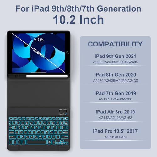 YUNPLE for iPad 9th 8th 7th Generation Case with Keyboard 10.2" - 7 Color Backlit Wireless Detachable Folio Keyboard Cover with Pencil Holder, Compatible with iPad Pro 10.2” (Dark Blue) - Image 2
