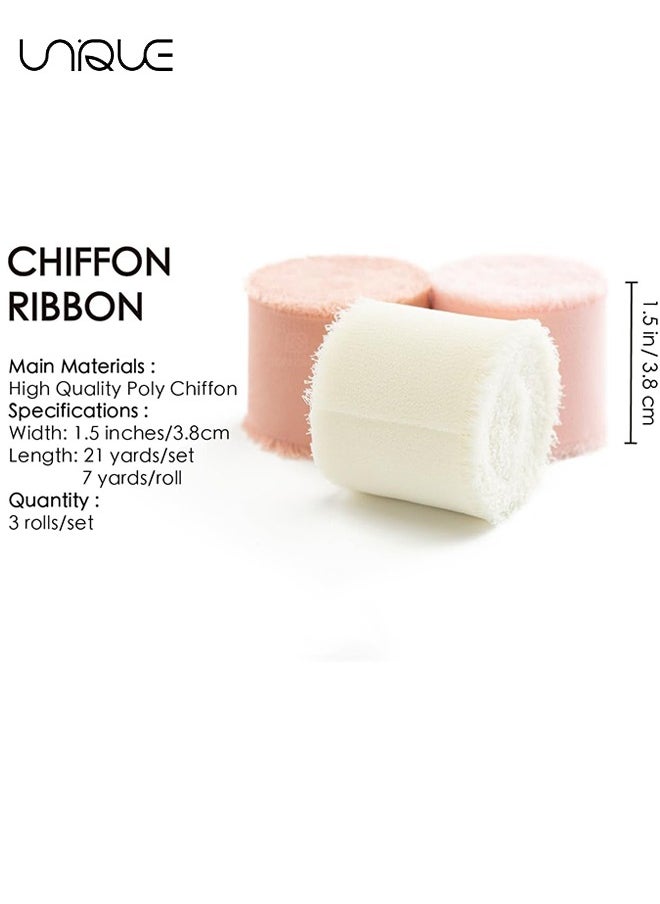 Unique Handmade Tassel Chiffon Ribbon - 3 Rolls of 4cm x 5m White & Camel Series Ribbon Set for Wedding Invitations/Bridal Bouquets/Gift Wrapping/DIY Crafts  - Image 2