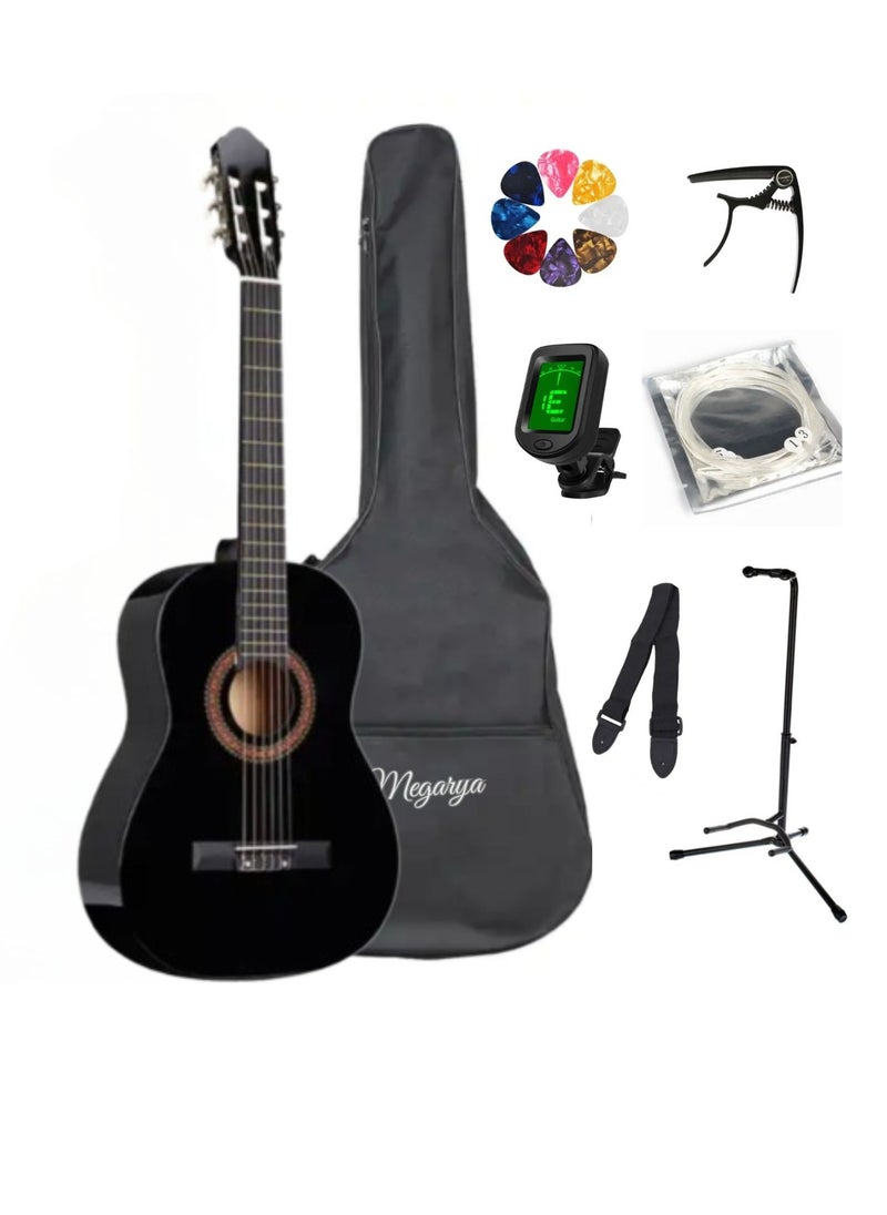 Megarya 34” Classical Guitar with Nylon Strings Acoustic Guitar with Truss Rod for Beginner Professional with Bag, Strap, Capo, Picks, Strings, Tuner, Single Guitar Holder (Black)  - Image 1