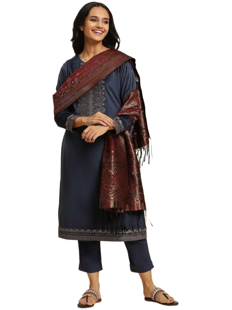 Wishful Blue Velvet Embroidered Kurta, Pants and Jacquard Dupatta Set (Size: XS)-24NOSP11489-220778 - Image 1