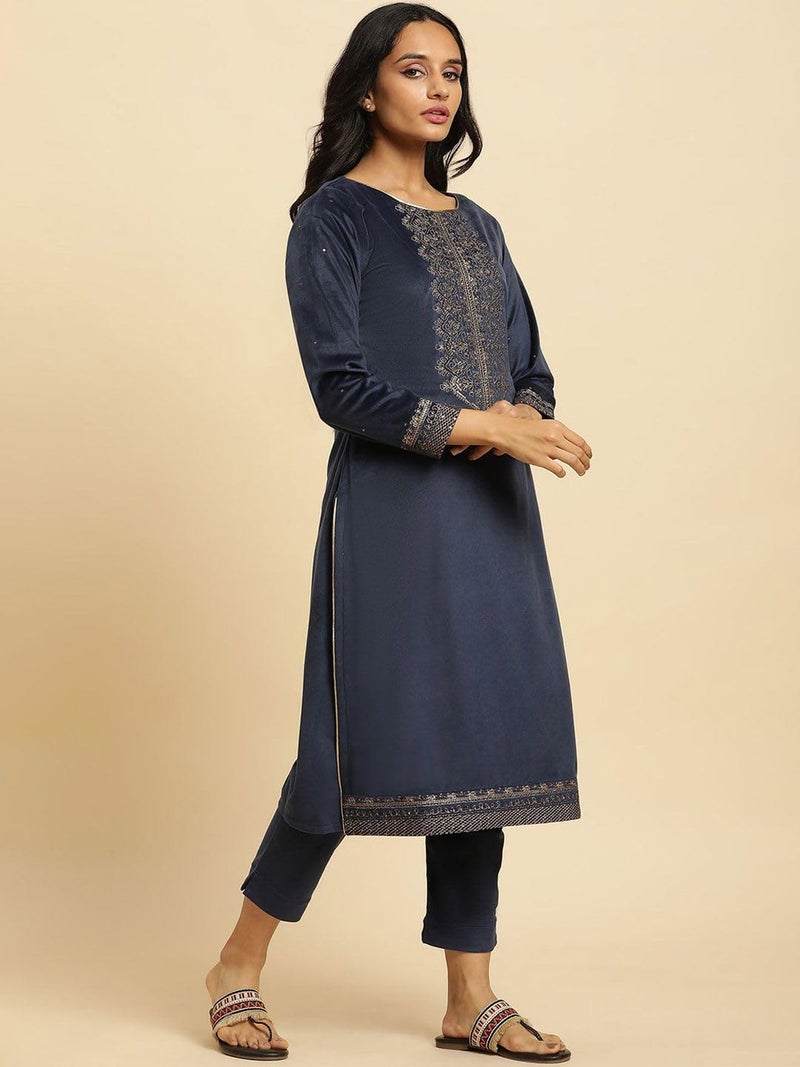 Wishful Blue Velvet Embroidered Kurta, Pants and Jacquard Dupatta Set (Size: XS)-24NOSP11489-220778 - Image 4