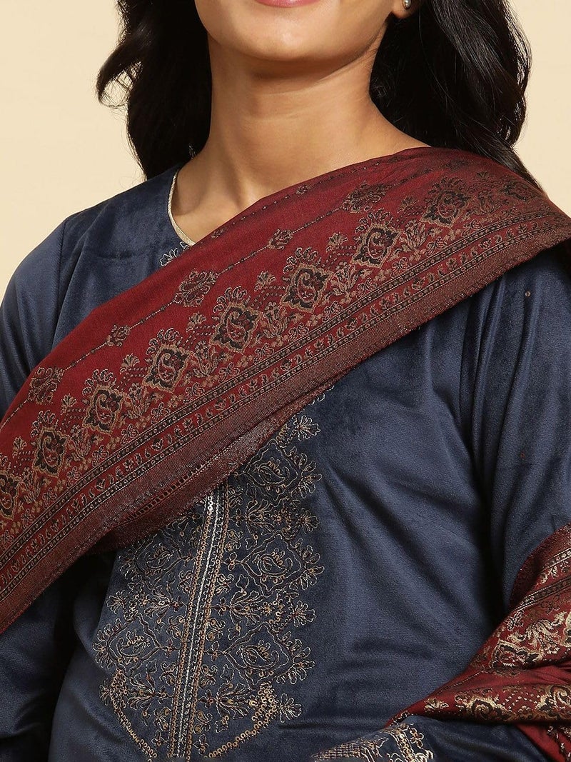 Wishful Blue Velvet Embroidered Kurta, Pants and Jacquard Dupatta Set (Size: XS)-24NOSP11489-220778 - Image 2