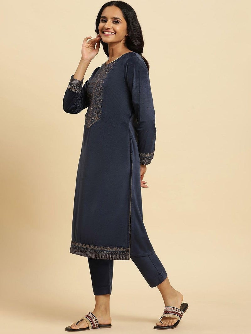Wishful Blue Velvet Embroidered Kurta, Pants and Jacquard Dupatta Set (Size: XS)-24NOSP11489-220778 - Image 5