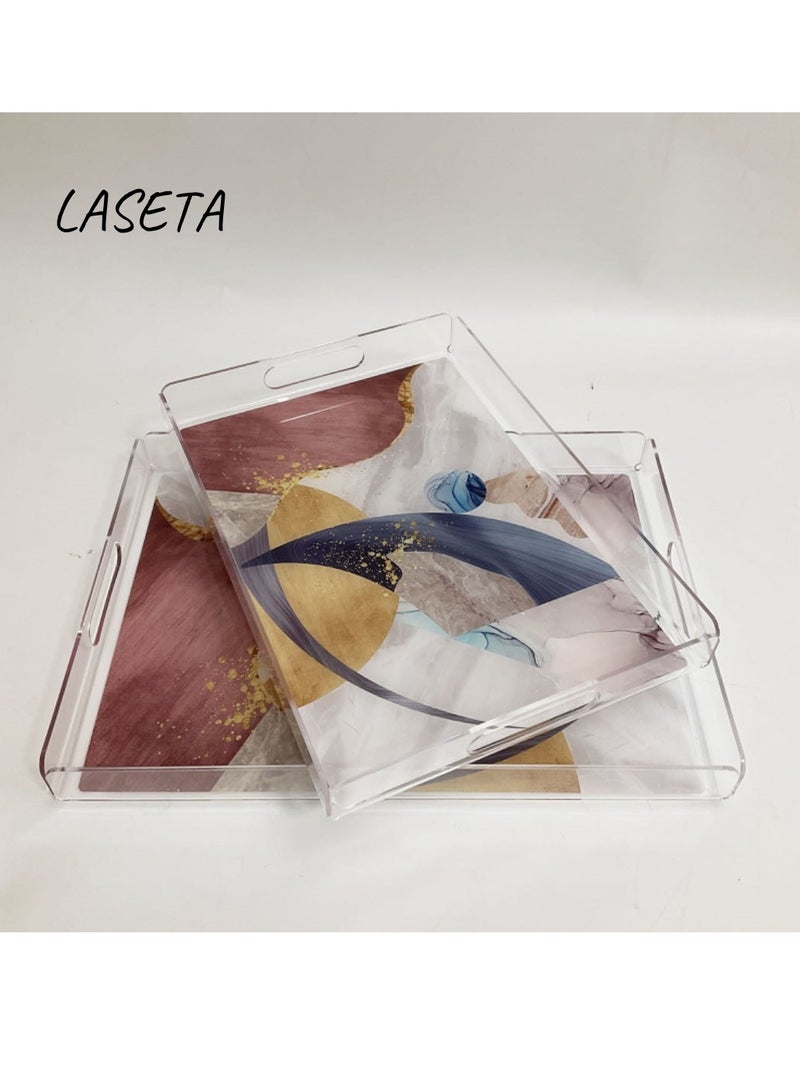 2 قطع مع صورة عصرية صينية أكريليك شفافة، صينية تقديم زخرفية لطاولة القهوة، الشاي، تخزين مستطيلة