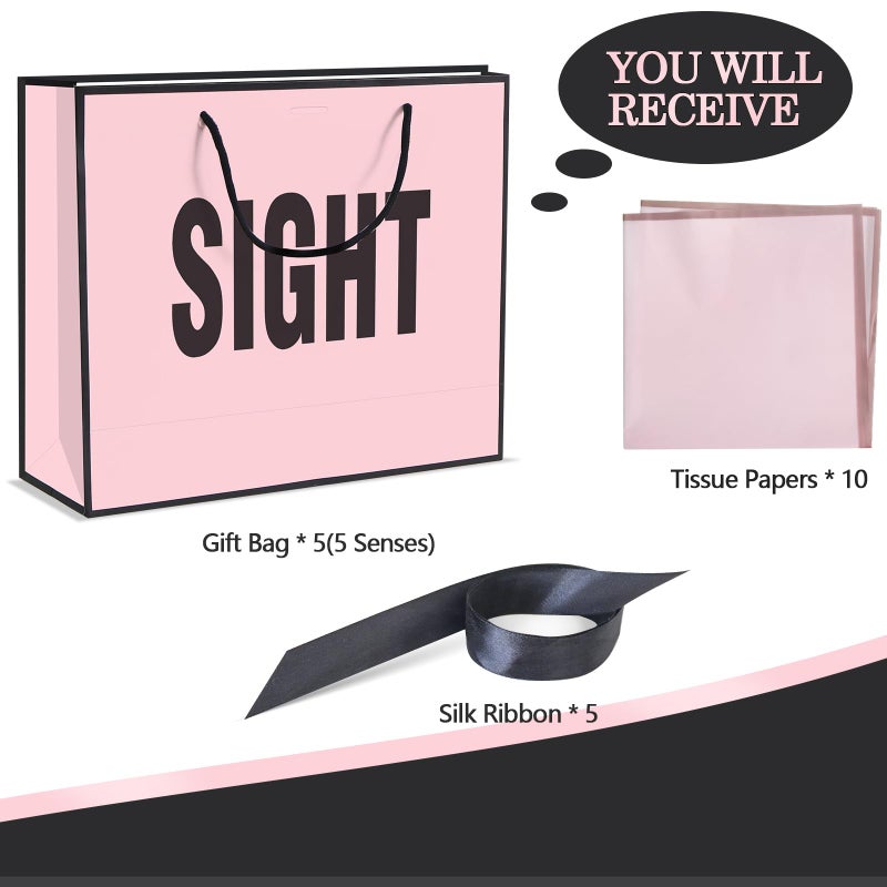 QLSKO 5 Senses Gift Bags for Women Men with Bow Ribbon Tissue Paper and Handles,Five Senses Gift Paper Bag for Present Wrappings,Wedding Anniversary Party Mothers Valentine,Medium (Pink) - Image 2