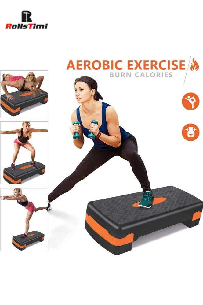 RollsTimi  Height Adjustable Stepper with 2 Levels, 68 x 28 cm Step Board for Aerobics and Fitness Workouts, Compact Exercise Equipment for Home, Black Orange - Image 2