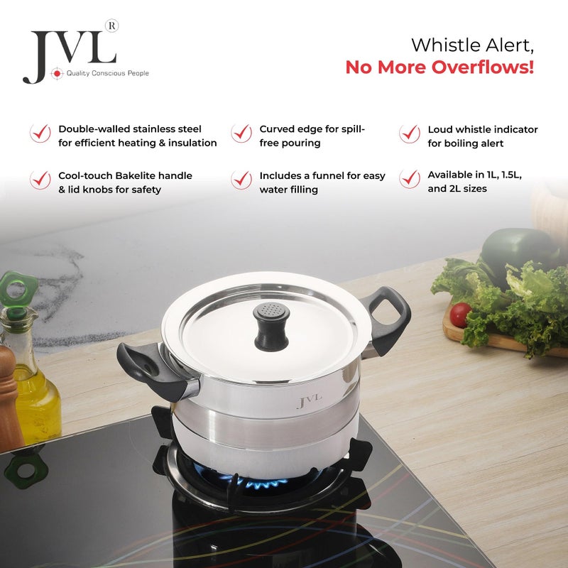 JVL غلاية حليب جافل من الفولاذ المقاوم للصدأ ذات القاع المسطح مع مقبض باكليت مزدوج (2 لتر) - Image 3
