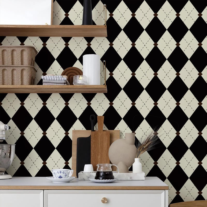 Simon&Siff Retro Checkered Peel and Stick Wallpaper Black and White Cream Wallpaper Vintage Plaid British Geometric Wall Paper for Bathroom Kitchen Cabinet Contact Paper 17.3"x78" - Image 2