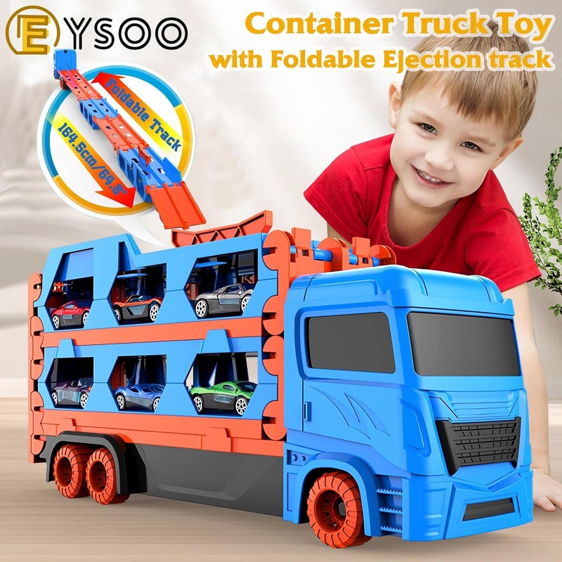 EYSOO Race Car Track Toy Truck Toy with Slots & Foldable Race Tracks Transport Car Carrier Toy for Toddlers Cars Toy Set Container Truck Toy with 12 Alloy Cars for 3+ Kids Boys Girls (Blue) - Image 2