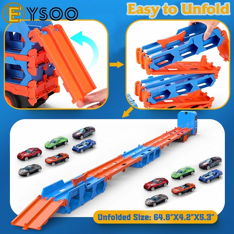 EYSOO Race Car Track Toy Truck Toy with Slots & Foldable Race Tracks Transport Car Carrier Toy for Toddlers Cars Toy Set Container Truck Toy with 12 Alloy Cars for 3+ Kids Boys Girls (Blue) - Image 5