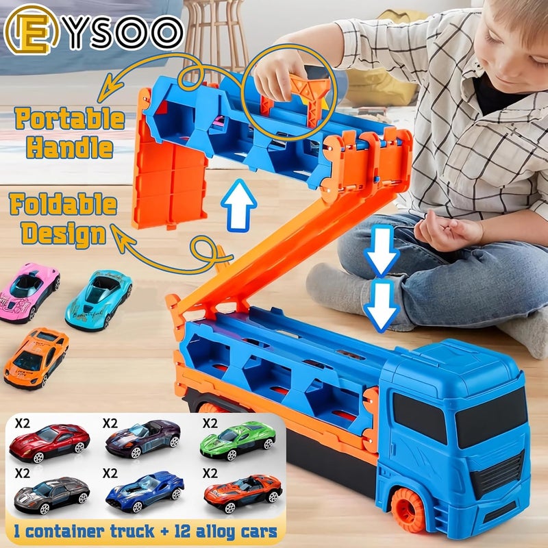 EYSOO Race Car Track Toy Truck Toy with Slots & Foldable Race Tracks Transport Car Carrier Toy for Toddlers Cars Toy Set Container Truck Toy with 12 Alloy Cars for 3+ Kids Boys Girls (Blue) - Image 3