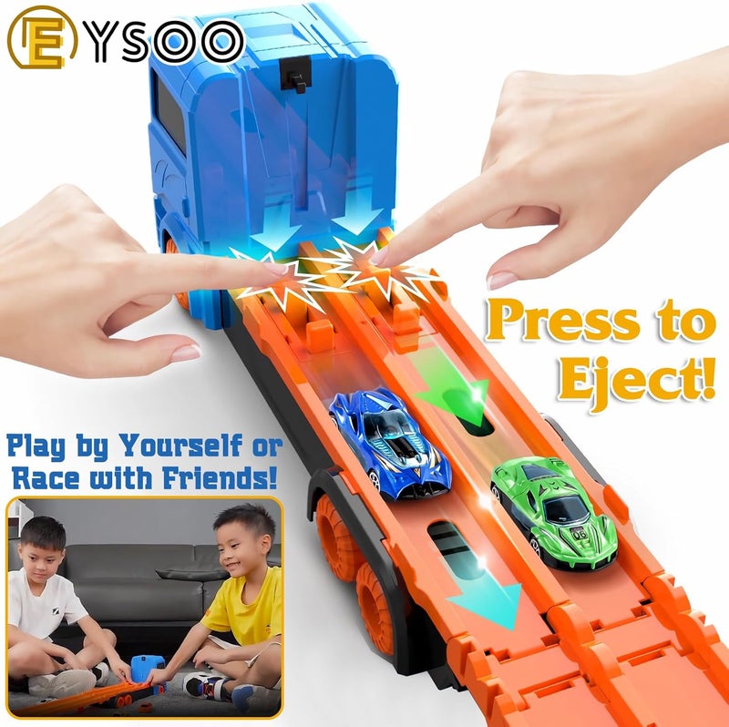EYSOO Race Car Track Toy Truck Toy with Slots & Foldable Race Tracks Transport Car Carrier Toy for Toddlers Cars Toy Set Container Truck Toy with 12 Alloy Cars for 3+ Kids Boys Girls (Blue) - Image 4
