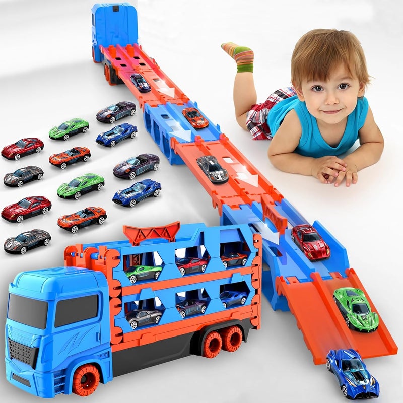 EYSOO Race Car Track Toy Truck Toy with Slots & Foldable Race Tracks Transport Car Carrier Toy for Toddlers Cars Toy Set Container Truck Toy with 12 Alloy Cars for 3+ Kids Boys Girls (Blue) - Image 1