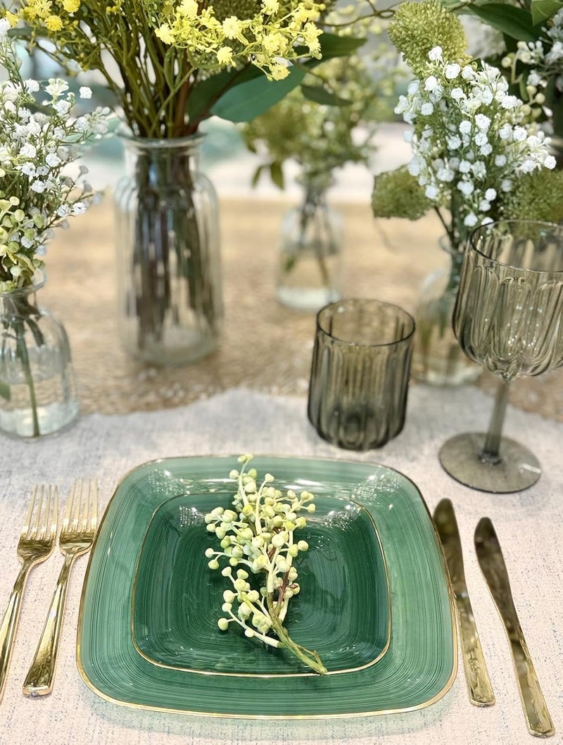OCCASIONS FINEST PLASTIC TABLEWARE OCCASIONS 50 Green Disposable Plates (25 Guests) - Heavy Duty Square Plastic Dinnerware Set for Wedding Party, 25x10" Dinner + 25x7" Salad Dessert - Belize Square in Green & Gold - Image 5