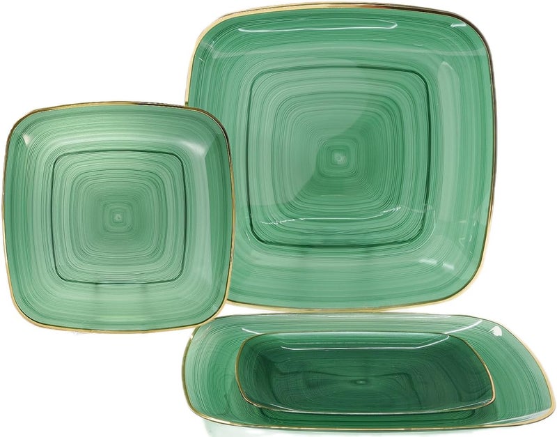 OCCASIONS FINEST PLASTIC TABLEWARE OCCASIONS 50 Green Disposable Plates (25 Guests) - Heavy Duty Square Plastic Dinnerware Set for Wedding Party, 25x10" Dinner + 25x7" Salad Dessert - Belize Square in Green & Gold - Image 1
