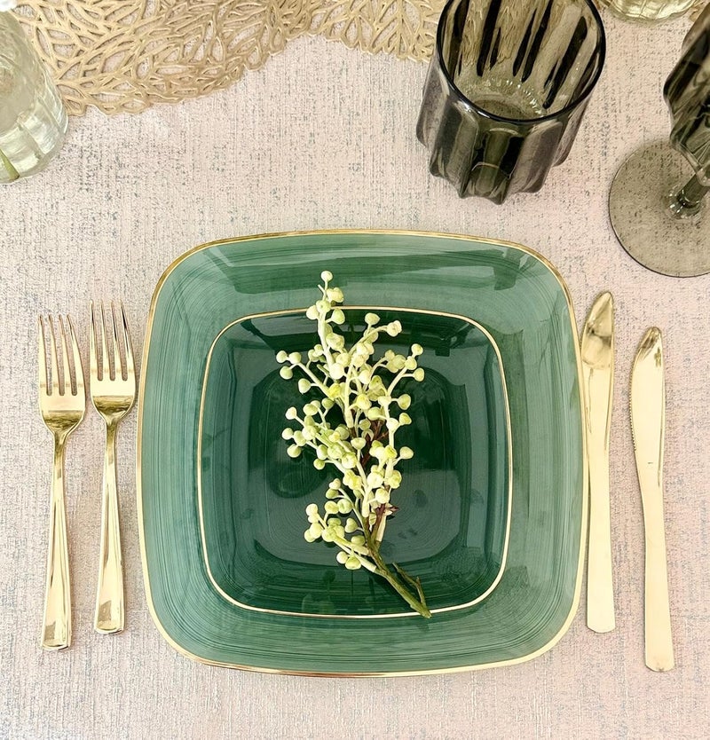 OCCASIONS FINEST PLASTIC TABLEWARE OCCASIONS 50 Green Disposable Plates (25 Guests) - Heavy Duty Square Plastic Dinnerware Set for Wedding Party, 25x10" Dinner + 25x7" Salad Dessert - Belize Square in Green & Gold - Image 4