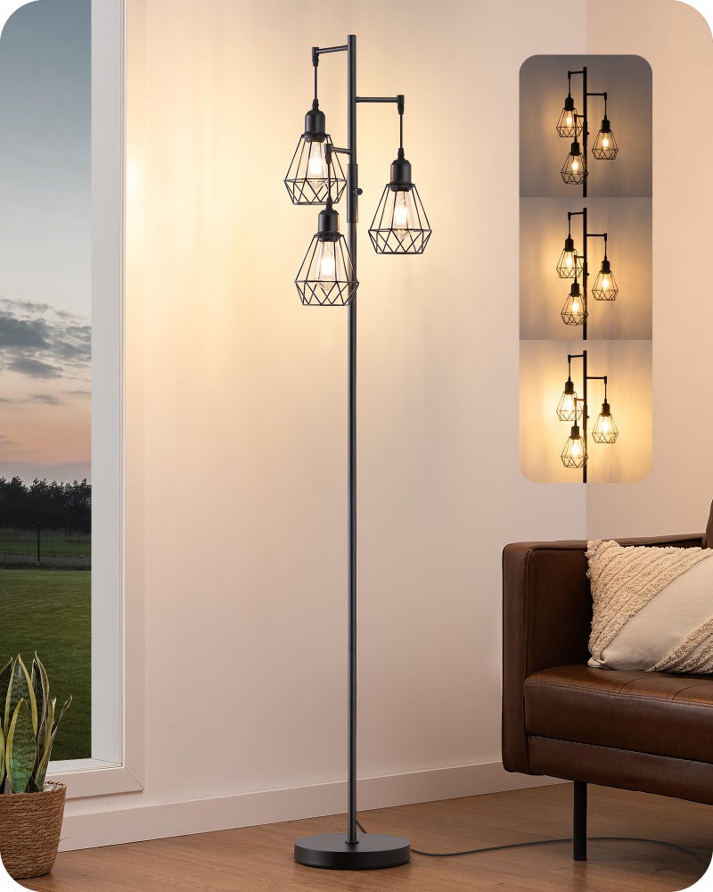 EDISHINE 70IN Farmhouse Floor Lamps for Living Room, Dimmable Industrial Tall Standing Lamps 3 LED Edison Bulbs Included, Diamond-Shaped Cage, Rustic Tree Corner Light for Bedroom, Office, Black - Image 1