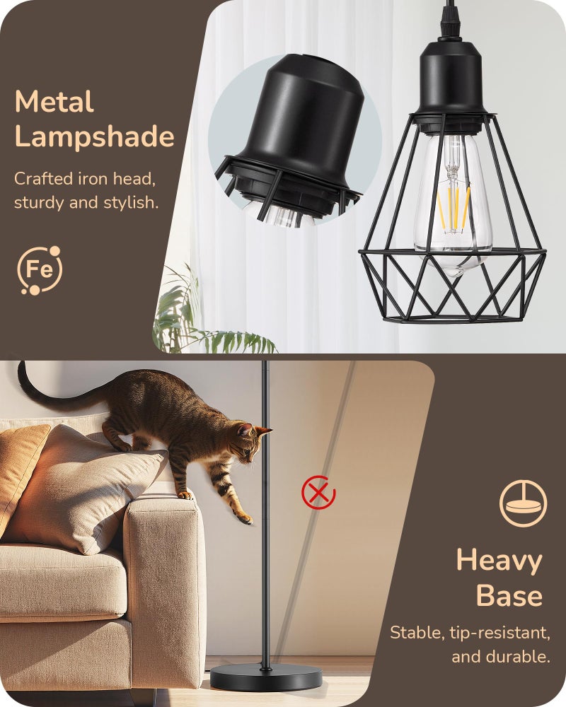 EDISHINE 70IN Farmhouse Floor Lamps for Living Room, Dimmable Industrial Tall Standing Lamps 3 LED Edison Bulbs Included, Diamond-Shaped Cage, Rustic Tree Corner Light for Bedroom, Office, Black - Image 5