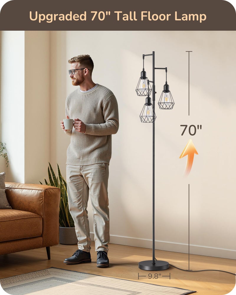 EDISHINE 70IN Farmhouse Floor Lamps for Living Room, Dimmable Industrial Tall Standing Lamps 3 LED Edison Bulbs Included, Diamond-Shaped Cage, Rustic Tree Corner Light for Bedroom, Office, Black - Image 4