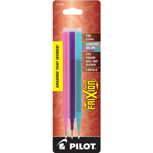 Pilot, FriXion Ball Gel Ink Refills for Erasable Pens, Fine Point 0.7 mm, Pack of 3, Pink, Purple & Turquoise - Image 1