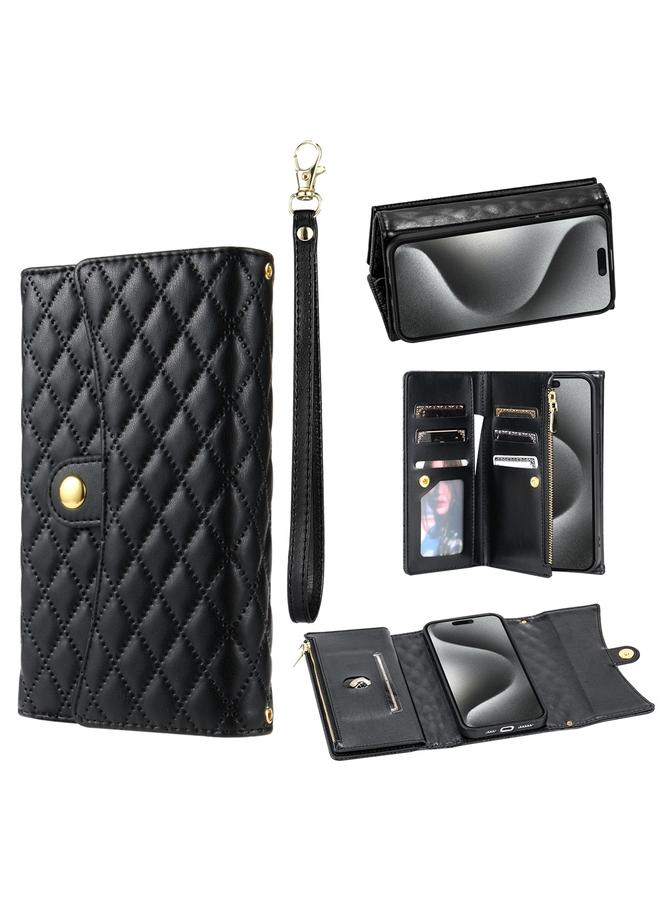 S-TOP Case For iPhone 15 Pro Zipper Multi-Card Wallet Rhombic Leather Phone Case - Image 1